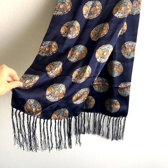 Accessories - 100% Silk Scarf Navy Blue Dragon Motif Double Sided Scarf